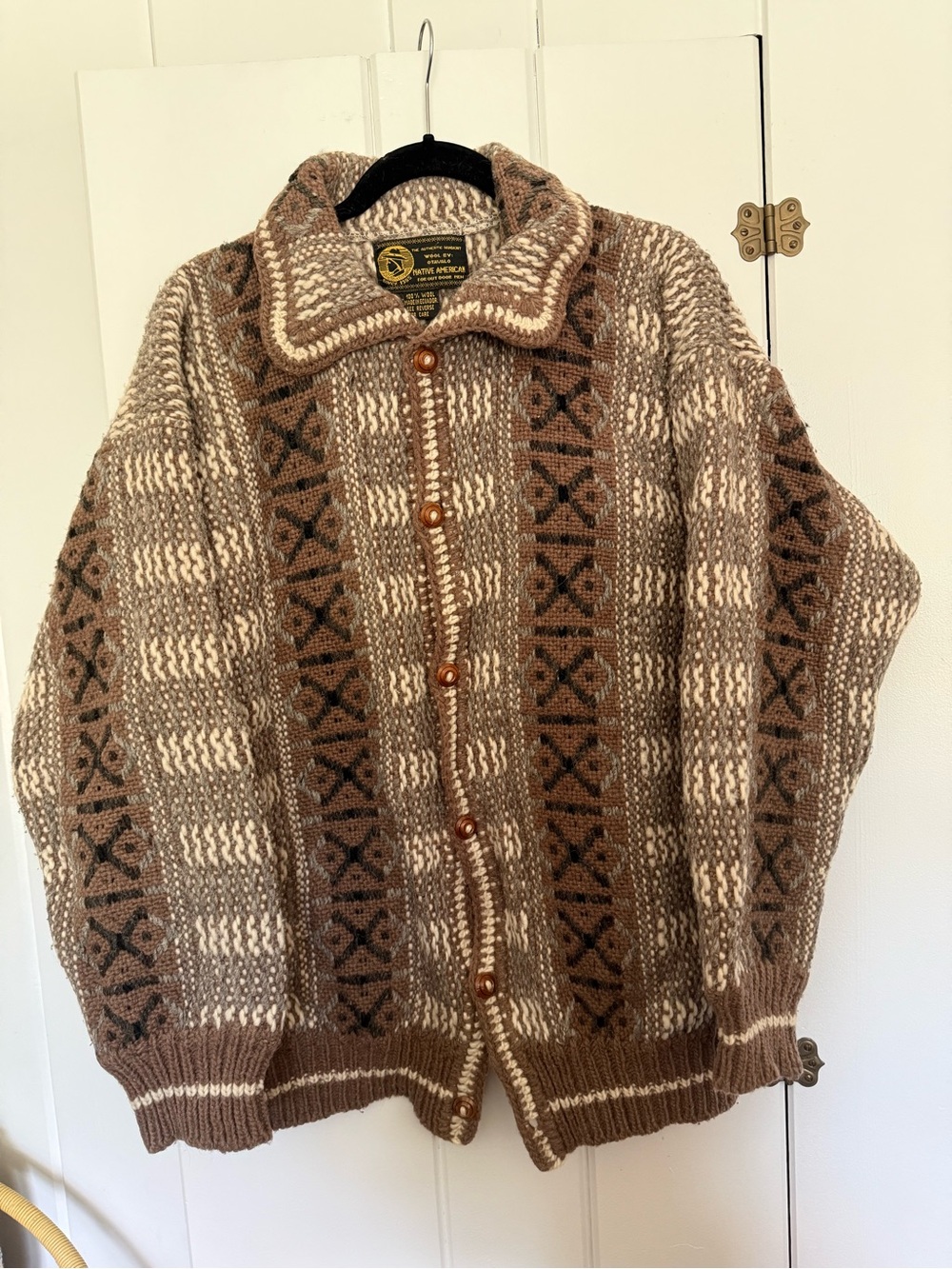 Brown & Cream Patterned Otavalo Wool Cardigan - Made in Ecuador